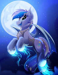 Size: 1681x2192 | Tagged: safe, artist:starcasteclipse, oc, oc:moonlight waves, bat pony, pony, bat pony oc, bat wings, bell harness, commission, female, flying, full moon, glowing, glowing hooves, harness, jingle bells, magic glow, mare, moon, night, night sky, sky, solo, tack, wings, ych result