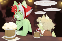 Size: 1280x853 | Tagged: safe, artist:pavuk, oc, pegasus, unicorn, anthro, bar, beer stein, black dress, breasts, chest fluff, cleavage, clothes, crazy straw, dress, eyebrows, eyes closed, horn, lidded eyes, open mouth, pegasus oc, speech bubble, talking, tired, two toned mane, unicorn oc