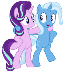 Size: 7000x7800 | Tagged: safe, artist:tardifice, starlight glimmer, trixie, pony, unicorn, g4, road to friendship, absurd resolution, belly, bipedal, duo, duo female, eye contact, female, hoof on hip, looking at each other, looking at someone, mare, open mouth, open smile, side hug, simple background, smiling, smiling at each other, transparent background, vector