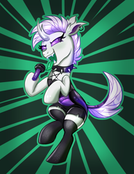Size: 2155x2795 | Tagged: safe, artist:confetticakez, oc, oc only, oc:elytra, changedling, changeling, changedling oc, changeling oc, collar, fangs, high res, microphone, punk, purple changeling, solo, spiked collar
