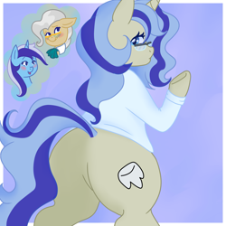 Size: 3543x3543 | Tagged: safe, artist:moonsacher, mayor mare, minuette, oc, oc:dental authority, earth pony, pony, unicorn, g4, clothes, commissioner:bigonionbean, female, fusion, fusion:mayor mare, glasses, high res, horn, mare, tail, thought bubble, writer:bigonionbean