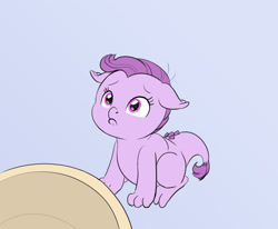 Size: 969x800 | Tagged: safe, artist:carnifex, oc, oc only, oc:lavender, dracony, hybrid, blue background, cookie, cookie jar, cute, floppy ears, foal, food, interspecies offspring, looking at you, looking up, looking up at you, ocbetes, offspring, parent:rarity, parent:spike, parents:sparity, pouting, puppy dog eyes, sad, simple background, sitting, solo