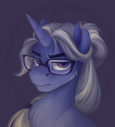 Size: 1800x2000 | Tagged: safe, artist:jewellier, oc, oc only, oc:martin fleming, pony, unicorn, bust, commission, glasses, horn, long mane, long mane male, looking at you, male, oda 997, portrait, serious, serious face, simple background, solo, stallion, torn ear, unamused, unicorn oc