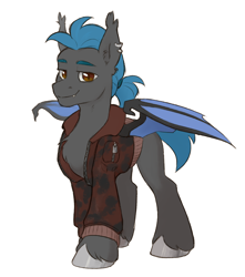 Size: 1500x1700 | Tagged: safe, artist:jewellier, oc, oc only, oc:vox noctis, bat pony, pony, bat pony oc, clothes, ear piercing, earring, fangs, g5 oc, jacket, jewelry, looking at you, male, oda 1997, piercing, ponytail, simple background, solo, stallion, unshorn fetlocks, white background
