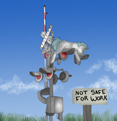 Size: 2000x2070 | Tagged: safe, artist:inisealga, oc, oc only, oc:lunar signal, bat pony, bat pony unicorn, hybrid, pony, unicorn, bat pony oc, cloud, high res, horn, maintenance, osha violation, railroad, railroad crossing, sign, sky, traffic signal