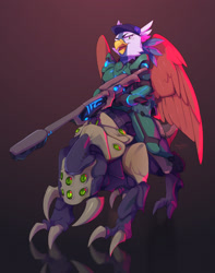 Size: 1706x2160 | Tagged: safe, artist:hakkids2, oc, oc:glory, alien, griffon, anthro, armor, female, griffon oc, gun, hat, looking at you, narrowed eyes, open mouth, riding, rifle, science fiction, solo, weapon, wings