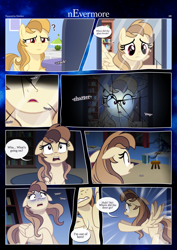 Size: 3259x4607 | Tagged: safe, artist:estories, oc, oc only, oc:alice goldenfeather, pegasus, pony, comic:nevermore, g4, bedroom, comic, cracking, door, female, folded wings, frown, high res, mare, mirror, open mouth, pegasus oc, room, running, scared, speech bubble, spread wings, talking, wings