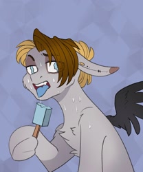 Size: 1707x2048 | Tagged: safe, artist:chibadeer, oc, oc only, pegasus, pony, chest fluff, floppy ears, food, looking at you, open mouth, popsicle, solo, sweat, tongue out