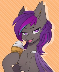 Size: 1707x2048 | Tagged: safe, artist:chibadeer, oc, oc only, oc:platinum wing, bat pony, pony, bat pony oc, blushing, food, freckles, ice cream, lidded eyes, looking at you, raspberry, solo, tongue out