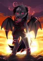 Size: 2481x3507 | Tagged: safe, artist:arctic-fox, oc, oc only, oc:stormdancer, bat pony, undead, vampire, vampony, armor, badass, bat pony oc, bat wings, bipedal, blade, dark form tier 2, electricity, energy weapon, high res, solo, sunset, weapon, wings