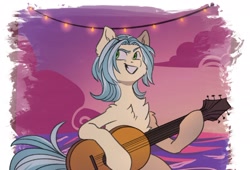 Size: 2048x1395 | Tagged: safe, artist:chibadeer, oc, oc only, earth pony, pony, chest fluff, grin, guitar, hair over one eye, musical instrument, smiling, solo