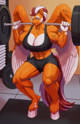 Size: 1545x2385 | Tagged: safe, artist:menzzu, oc, oc only, oc:eleftheria, pegasus, anthro, unguligrade anthro, abs, barbell, breasts, busty oc, clothes, commission, compression shorts, female, gym, muscles, muscular female, solo, sports bra, sweat, vein, vein bulge, weight lifting, weights, workout