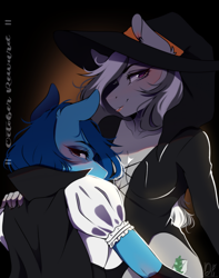 Size: 1705x2160 | Tagged: safe, artist:bambudess, oc, earth pony, anthro, blushing, breasts, cleavage, clothes, costume, eyelashes, eyeshadow, female, halloween, halloween costume, hand on shoulder, hat, holiday, lidded eyes, lips, looking at you, makeup, smiling, witch, witch hat