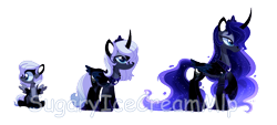 Size: 1024x462 | Tagged: safe, artist:sugaryicecreammlp, princess luna, pegasus, pony, g4, age progression, alternate design, arm band, crown, curved horn, ethereal hair, ethereal mane, ethereal tail, eyeshadow, female, filly, foal, folded wings, hoof shoes, horn, jewelry, makeup, obtrusive watermark, pale belly, pegasus luna, peytral, race swap, regalia, simple background, slit pupils, spread wings, starry hair, starry mane, starry tail, starry wings, tail, tail feathers, tiara, transparent background, watermark, wings, young luna