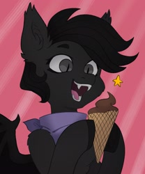 Size: 1707x2048 | Tagged: safe, artist:chibadeer, oc, oc only, bat pony, pony, bat pony oc, fangs, food, happe, ice cream, ice cream cone, open mouth, open smile, smiling, solo