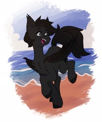 Size: 1707x2048 | Tagged: safe, artist:chibadeer, oc, oc only, bat pony, pony, bat pony oc, beach, chest fluff, looking back, open mouth, open smile, smiling, solo