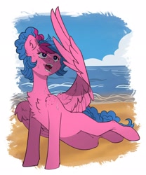 Size: 1706x2048 | Tagged: safe, artist:chibadeer, oc, oc only, pegasus, pony, beach, belly, chest fluff, open mouth, shade, solo, spread wings, sweat, wings