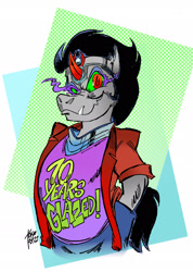 Size: 1758x2463 | Tagged: safe, artist:grotezco, artist:tokiotoyy2k, king sombra, human, pony, unicorn, anthro, the crystal empire 10th anniversary, 80s, clothes, evil, evil grin, grin, humanized, jacket, smiling