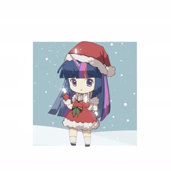 Size: 2048x2048 | Tagged: safe, artist:lendftcn, twilight sparkle, human, g4, chibi, christmas, clothes, female, hat, high res, holiday, horn, horned humanization, humanized, looking at you, mittens, santa hat, scarf, snow, snowfall, solo