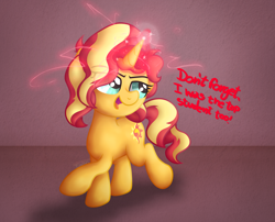 Size: 2330x1884 | Tagged: safe, artist:background basset, derpibooru exclusive, sunset shimmer, pony, unicorn, g4, dialogue, magic, open mouth, raised leg, solo, text