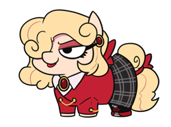 Size: 779x581 | Tagged: safe, artist:jargon scott, oc, oc only, earth pony, pony, bow, brooch, clothes, ear piercing, earring, eyeshadow, female, hair over one eye, heather chandler, heathers the musical, jacket, jewelry, lidded eyes, lipstick, makeup, mare, piercing, ponified, simple background, skirt, solo, squatpony, tail, tail bow, white background
