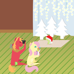 Size: 2160x2160 | Tagged: safe, anonymous artist, big macintosh, fluttershy, ponyacci, oc, oc:late riser, earth pony, pegasus, pony, series:fm holidays, series:hearth's warming advent calendar 2022, g4, advent calendar, baby, baby pony, camera, cardboard cutout, christmas, christmas lights, colt, covered eyes, family, female, foal, grin, hand puppet, hat, high res, holiday, lineless, male, mare, offspring, oversized hat, parent:big macintosh, parent:fluttershy, parents:fluttermac, pointy ponies, rug, santa hat, ship:fluttermac, shipping, sitting, smiling, stallion, straight