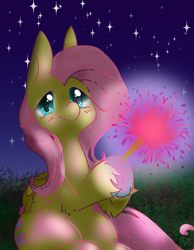 Size: 921x1185 | Tagged: safe, artist:pagophasia, derpibooru exclusive, fluttershy, pegasus, pony, g4, colored hooves, cute, eye reflection, female, grass, hoof hold, impossibly long eyelashes, looking at you, night, raised hoof, reflection, shyabetes, sitting, smiling, smiling at you, solo, sparkler (firework), stars, unshorn fetlocks, wings