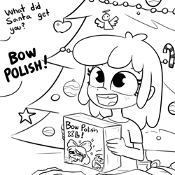 Size: 1584x1584 | Tagged: safe, artist:tjpones, apple bloom, human, g4, adorabloom, black and white, box, christmas, christmas tree, cute, dialogue, freckles, funny, grayscale, holiday, humanized, monochrome, offscreen character, open mouth, open smile, simple background, smiling, solo, this will end in lead poisoning, tree, white background