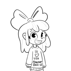 Size: 1584x1584 | Tagged: safe, artist:tjpones, apple bloom, bee, human, insect, g4, adorabloom, black and white, cute, female, freckles, grayscale, grin, humanized, looking at you, minecraft, monochrome, simple background, smiling, smiling at you, solo, white background