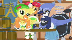 Size: 1920x1080 | Tagged: safe, artist:facelessjr, oc, oc only, oc:gaela, oc:ginnie, bird, blue jay, griffon, alcohol, apron, barrel, barrels, beak, bedroom eyes, beer, bell, bracelet, chest fluff, clothes, cute, dialogue, dirndl, dress, duo, duo female, female, folded wings, griffon oc, hat, jewelry, leaning, looking at you, mug, on table, pose, ribbon, shoes, socks, sparkly eyes, talons, target, tavern, wingding eyes, wings, working