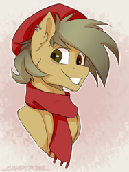 Size: 1536x2048 | Tagged: safe, artist:_candypone_, oc, oc only, oc:coffee coat, pony, beanie, bust, clothes, ear piercing, earring, grin, hat, jewelry, looking at you, piercing, portrait, scarf, smiling, solo