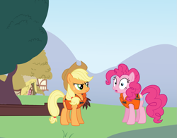 Size: 1279x1005 | Tagged: safe, artist:cloudy glow, artist:madisonwilson36, artist:the-crusius, artist:twilirity, edit, applejack, pinkie pie, earth pony, pony, g4, angry, applejack is not amused, applejack's hat, boat, cowboy hat, crossover, dragonboat festival, duo, female, frown, hat, kai-lan, lifejacket, mare, ni hao kai-lan, open mouth, outdoors, ponyville, rintoo, shocked, tree, unamused