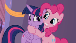 Size: 1920x1080 | Tagged: safe, screencap, pinkie pie, twilight sparkle, alicorn, earth pony, pony, g4, season 9, the summer sun setback, 1080p, bipedal, cute, diapinkes, duo, duo female, female, happy, hug, smiling, twiabetes, twilight sparkle (alicorn)