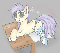 Size: 779x690 | Tagged: safe, artist:fa11en, oc, oc only, oc:fa11en, earth pony, pony, blushing, clothes, earth pony oc, femboy, implied tail hole, male, socks, stallion, striped socks, table, tail