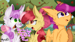 Size: 1723x963 | Tagged: safe, artist:4agonism, derpibooru exclusive, apple bloom, scootaloo, sweetie belle, earth pony, pegasus, pony, unicorn, :3, apple, apple bloom is not amused, apple bloom's bow, apple tree, bow, cheek fluff, chest fluff, clubhouse, crusaders clubhouse, curved horn, cutie mark crusaders, ear fluff, female, filly, foal, google experimenting on elon musk with kitten chemicals, hair bow, horn, leg fluff, looking at each other, looking at someone, looking sideways, meme, open mouth, open smile, raised hoof, smiling, spread wings, starry eyes, talking, tree, trio, trio female, unamused, wingding eyes, wings
