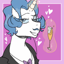 Size: 295x295 | Tagged: safe, artist:dsstoner, fancypants, pony, unicorn, g4, aggie.io, alcohol, blushing, bow, champagne, clothes, drinking, female, glass, glowing, glowing horn, heart, horn, looking at you, lowres, magic, magic aura, male, mare, monocle, simple background, smiling, stallion, telekinesis, wine, wine glass