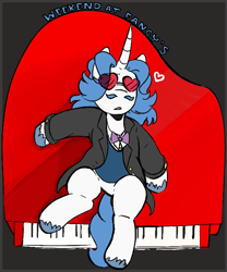 Size: 559x671 | Tagged: safe, artist:dsstoner, fancypants, pony, unicorn, aggie.io, clothes, glasses, heart, lying down, male, musical instrument, on back, passed out, piano, simple background, stallion, weekend at bernie's