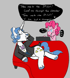 Size: 511x569 | Tagged: safe, artist:dsstoner, fancypants, pinkie pie, earth pony, pony, unicorn, g4, aggie.io, clothes, elton john, eyes closed, lying down, male, monocle, musical instrument, piano, simple background, singing, smiling, stallion