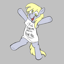 Size: 446x440 | Tagged: safe, artist:dsstoner, derpy hooves, pegasus, pony, g4, aggie.io, bipedal, clothes, female, gray background, hooves in air, mare, open mouth, raised arms, shirt, simple background, smiling, solo, t-shirt, women fear me fish fear me
