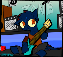 Size: 969x873 | Tagged: safe, artist:xxv4mp_g4z3rxx, earth pony, pony, amplifier, bass guitar, clothes, cup, fangs, mae borowski, mane highlights, microphone, microphone stand, musical instrument, night in the woods, pants, ponified, poster, red eyes, shirt, signature, sitting, solo, yellow sclera
