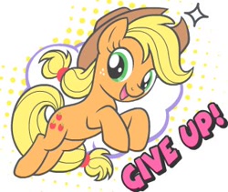 Size: 320x270 | Tagged: safe, artist:plushifoxed, applejack, earth pony, pony, g4, applejack's hat, cowboy hat, dissonant caption, female, freckles, give up, hat, mare, open mouth, simple background, solo, sticker, subversive kawaii, text, white background