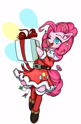 Size: 3946x6000 | Tagged: safe, artist:ph平和, pinkie pie, earth pony, pony, g4, bipedal, blinking, boots, box, candy, candy cane, christmas, christmas stocking, clothes, costume, female, food, holiday, looking at you, santa costume, shoes, simple background, smiling, smiling at you, socks, solo, standing, white background