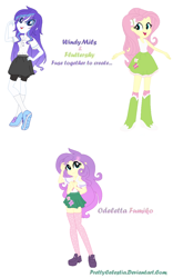 Size: 772x1240 | Tagged: safe, artist:prettycelestia, fluttershy, oc, oc:odeletta fumiko, oc:windy mils, human, equestria girls, g4, clothes, eyeshadow, fusion, fusion:fluttershy, gradient mane, hairclip, long socks, makeup, mary janes, multiple arms, school uniform, shoes, simple background, socks, thigh highs, white background