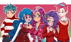 Size: 3508x2080 | Tagged: safe, artist:lucy-tan, hitch trailblazer, izzy moonbow, pipp petals, sunny starscout, zipp storm, human, g5, adorapipp, adorazipp, belt, blushing, christmas, clothes, cute, denim, dress, ear piercing, earring, female, high res, hitchbetes, holiday, humanized, izzybetes, jeans, jewelry, light skin, male, mane five, mane stripe sunny, mistleholly, open mouth, pale skin, pants, piercing, present, shirt, siblings, sisters, striped sweater, sunnybetes, sweater, tan skin, vitiligo