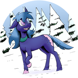 Size: 1280x1281 | Tagged: safe, artist:darkhestur, oc, oc only, female, forest, heterochromia, missing cutie mark, pine forest, pointy teeth, simple background, smiling, snow, solo, transparent background