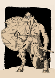 Size: 905x1280 | Tagged: safe, artist:darkhestur, oc, oc:dark, anthro, axe, clothes, fantasy class, helmet, monochrome, shield, traditional art, viking, warrior, weapon