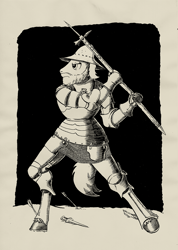 Size: 912x1280 | Tagged: safe, artist:darkhestur, oc, oc:coalheart, anthro, armor, arrow, beard, facial hair, kettle hat, knight, man at arms, monochrome, pollaxe, solo