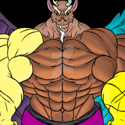 Size: 900x900 | Tagged: safe, artist:outlawmoruko, discord, draconequus, anthro, g4, black background, deltscord, deviantart watermark, fetish, male, muscle fetish, muscles, muscular male, obtrusive watermark, simple background, watermark