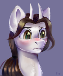 Size: 3000x3600 | Tagged: safe, artist:ske, oc, oc only, dragon, hybrid, pony, autograph, blushing, chest fluff, ear fluff, eyebrows, high res, long mane, purple background, simple background, solo, tooth