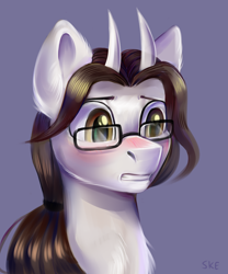 Size: 3000x3600 | Tagged: safe, artist:ske, oc, oc only, dragon, hybrid, pony, autograph, blushing, chest fluff, ear fluff, eyebrows, glasses, high res, long hair, purple background, simple background, solo, tooth